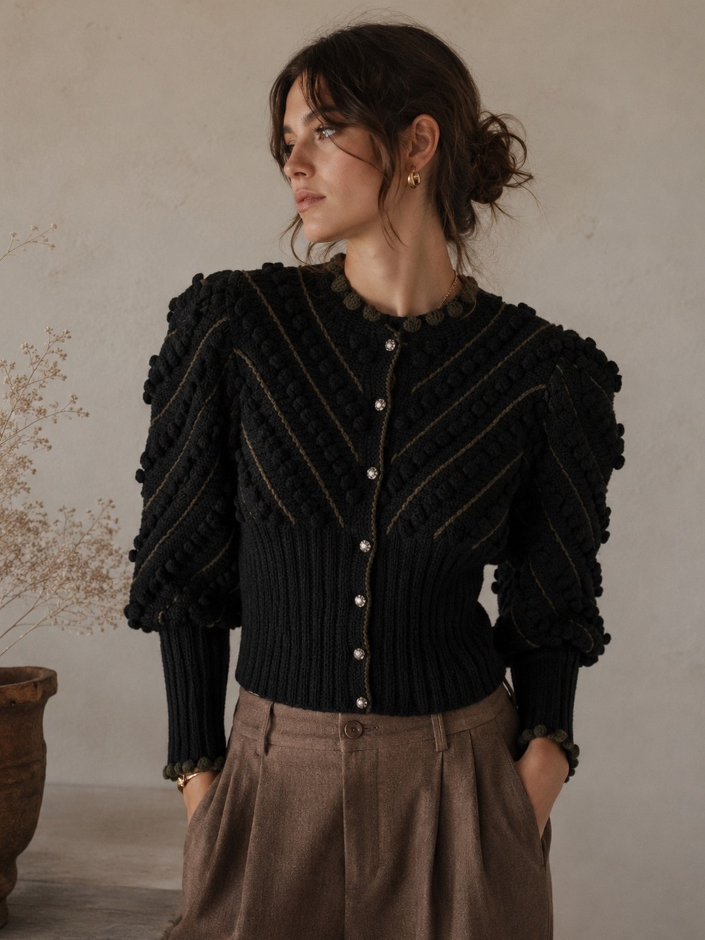 Vintage 80s Black Cropped Puff Sleeve Knit Cardigan Boho Handmade No Size